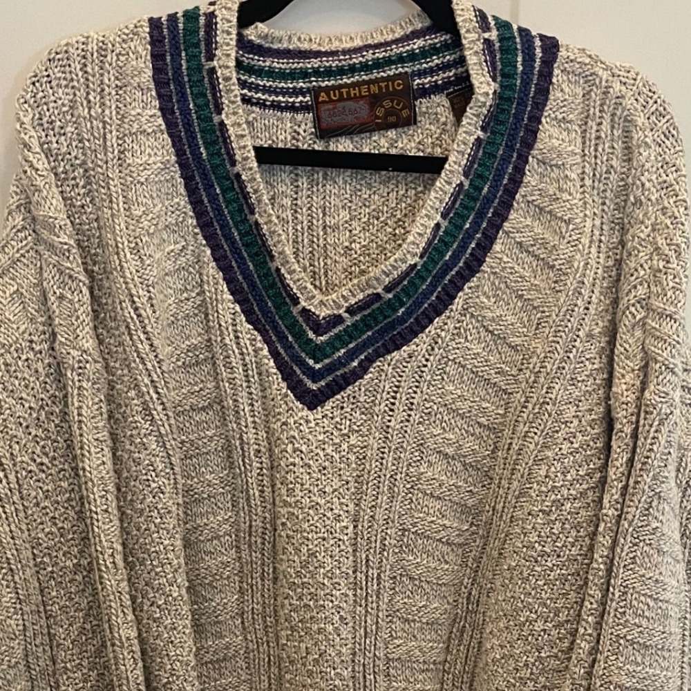 Authentic Issue 90 Vintage Mens Large Cable Knit V-Neck‎ Sweater Cotton Tennis